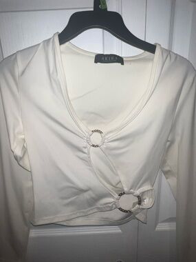 AKIRA Ivory Long-Sleeve Cropped Wrap Top with Decorative Rings